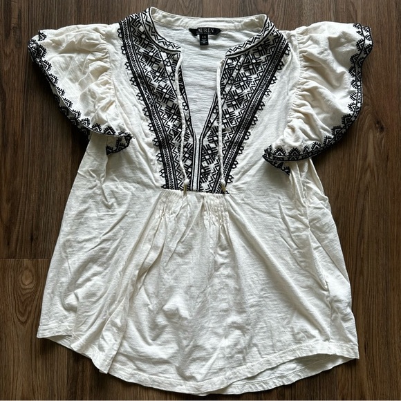 Lauren Ralph Lauren Black Label Peasant Shirt Embroidered Flutter Sleeve Large - Picture 1 of 9